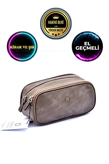 CüzCan Empiero Antique Gray Genuine Leather - Double Zipper Handbag (Handheld)