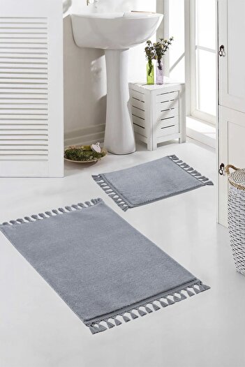Valery Home Vl Washable Premium Pompom Fringed Non-Slip Base Post Plush Bath Mat Set of 2 Gray