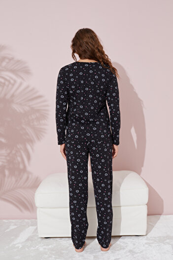 Siyah İnci siyah beyaz kalp desenli Pamuklu Pijama Takımı