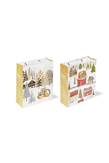 roco paper Новорічна картонна сумка з золотим тисненням 26x32x10 см, 2 шт.