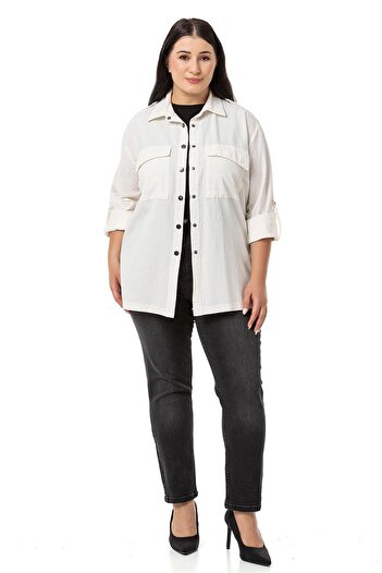DISENTIS MODEST Plus Size Ecru Shirt - Shoulder Epaulettes, Folded Sleeves and Slit Snaps