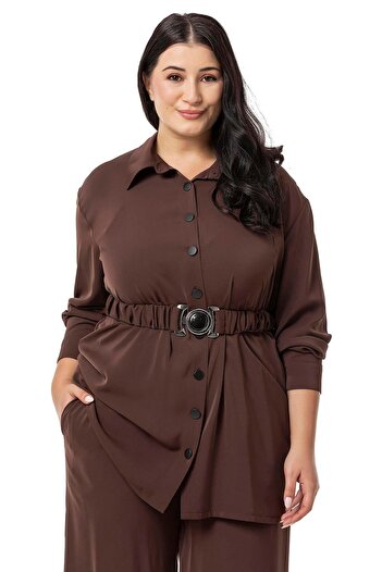 DISENTIS MODEST Brown Two Pieces Set - Large Size Waist Belted Shirt and Trousers