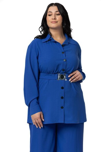 DISENTIS MODEST Saks Blue Double Set - Large Size Belted Shirt and Trousers