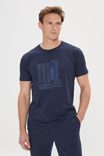 ALTINYILDIZ CLASSICS Men's Navy Blue Slim Fit Slim Fit Crew Neck Cotton Printed T-Shirt