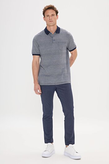 ALTINYILDIZ CLASSICS Men's Navy Blue Comfort Fit Relaxed Cut Polo Neck Jacquard T-Shirt