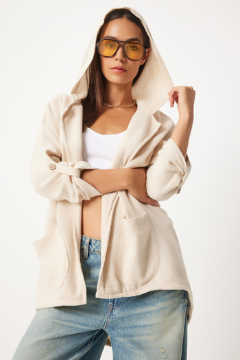 Happiness İstanbul Linen Oversize Hooded Women's Jacket - Cream GP00007
