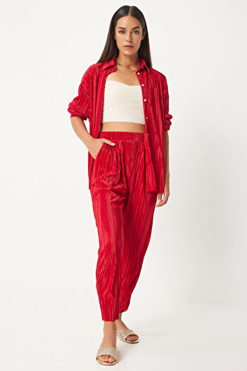 Happiness İstanbul Red Women's Shirt and Trousers Set - Pleated and Buttoned FN03235