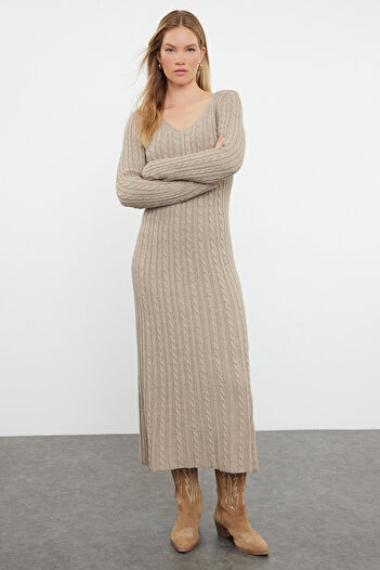 Trendyol Collection Beige Maxi Knitwear Dress with Hair Knit Detail - TWOAW25EL00003
