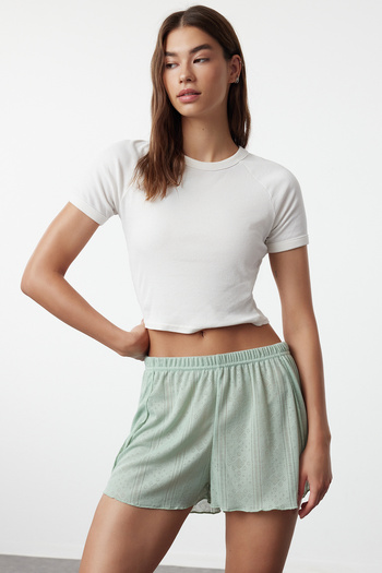 Trendyol Collection 2er-Pack Pyjamahosen aus geripptem, durchbrochenem Gewebe mit Blumenmuster in Mintgrün - THMSS24PJ00000