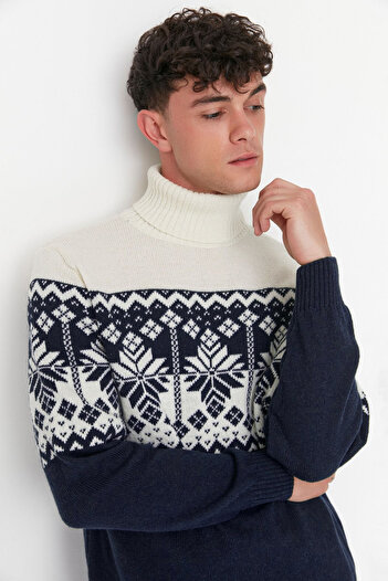 Trendyol Collection Turtleneck Indigo Knitwear Sweater - Wool Ethnic Tmnaw22Kz0296