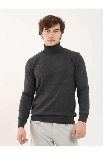 Dufy Anthracite Men's Slim Fit Plain Classic Full Turtleneck Sweater - 91082