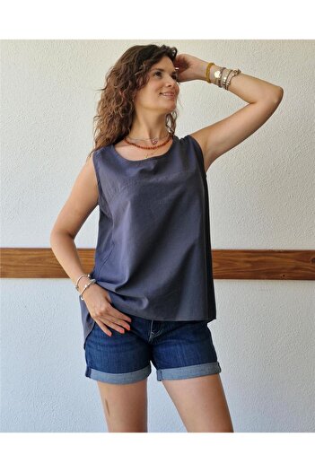 ByEnBi Smoke Colored Cotton Tank Top - Back Button Detail