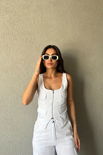 Seda Yalçın Atelier Crop Cargo Pants Set - White Zipper Detailed