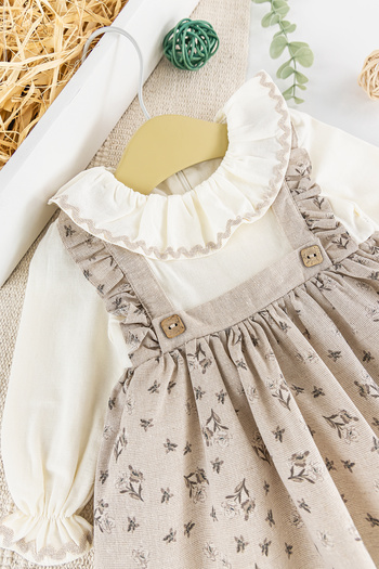 Babymod Çiçek Desenli Fırfırlı Keten Kız Bebek Elbise