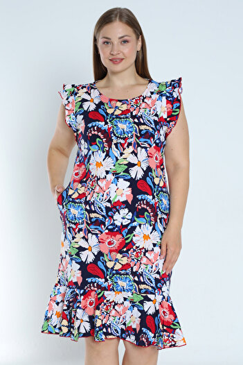 İntensive μανίκι και φούστα flounced plus size στάμπα μπλε ναυτικό 100% βαμβακερό φόρεμα τσέπης