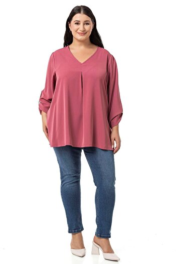 DISENTIS MODEST V-Neck Plateau Sleeve Dried Rose Plus Size Blouse