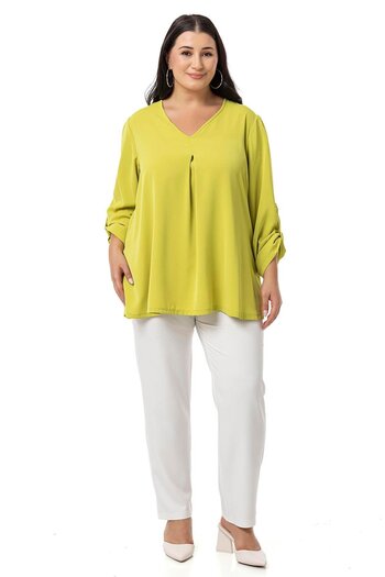 DISENTIS MODEST Pistachio Green V-Neck Pleated Plus Size Blouse - Folded Sleeves