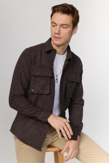 Tudors Slim Fit Μακρυμάνικο Slim Fit με Καπάκι Διπλή Τσέπη Flat Winter Ξύλινο καφέ ανδρικό πουκάμισο