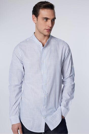 Tudors Men's Striped Slim Fit Shirt - Long Sleeve, 100% Cotton Linen, Prevailing Collar