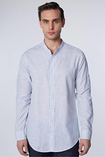Tudors Men's Striped Slim Fit Shirt - Long Sleeve, 100% Cotton Linen, Prevailing Collar