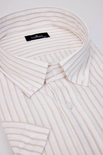 Tudors Men's Big Size Plus Size Short Sleeve Striped Buttoned Collar Single Pocket Linen Texture Summer White Shirt