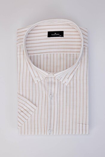 Tudors Men's Big Size Plus Size Short Sleeve Striped Buttoned Collar Single Pocket Linen Texture Summer White Shirt