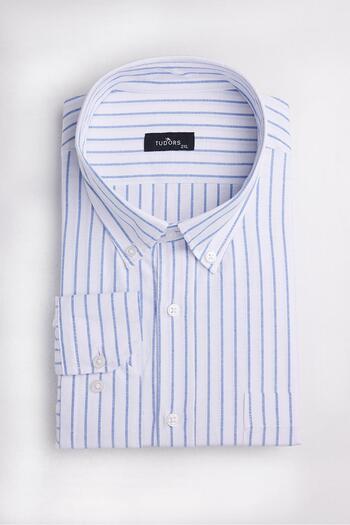 Tudors Men's Big Size Large Size Long Sleeve Striped White Shirt