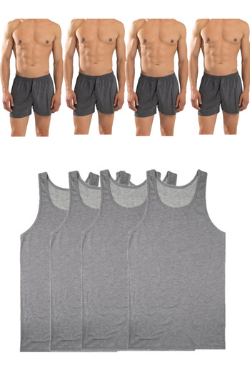 Pi Giyim Set of 8 Men's Underwear (4 Gray Undershirts + 4 Smoked Boxers) Combed Cotton Towel Waist