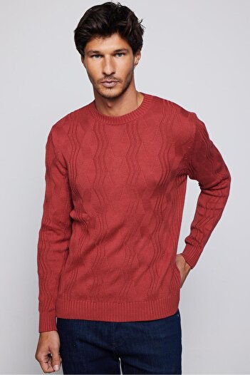 Tudors Men's Slim Fit Slim Fit Crew Neck Patterned Red Knitwear Sweater