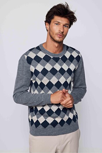 Tudors Men's Slim Fit Crew Neck Patterned Gray Knitwear Sweater