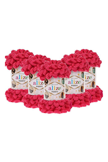Alize 5 Pieces Fuchsia Puffy Knitted Baby Blanket Bag - Hand Thread