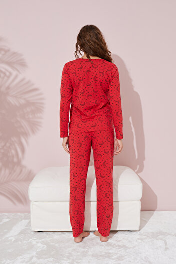 Siyah İnci kırmızı ay desenli Pamuklu Pijama Takımı