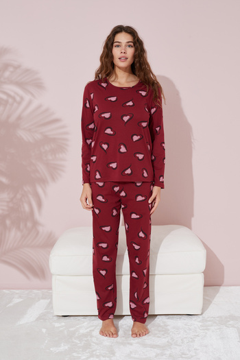 Siyah İnci Cotton Claret Red Pajama Set - Heart Patterned