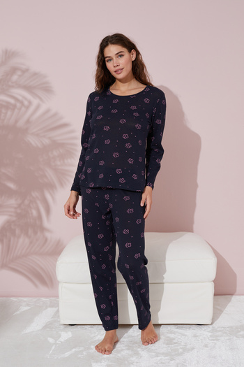 Siyah İnci Cotton Pajama Set - Navy Blue, Pink Floral Pattern