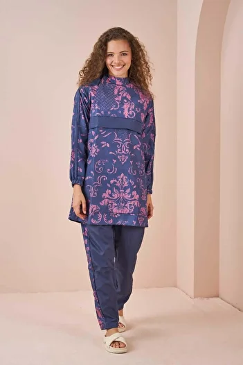 Mevra Indigo Short Patterned Hijab Swimsuit
