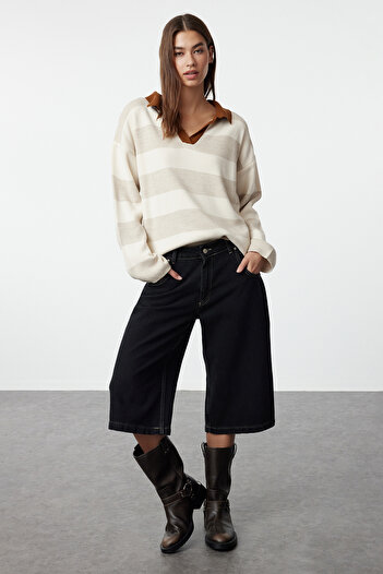 Trendyol Collection Wide Fit Striped Knitwear Sweater - Stone Twoaw23Kz00008