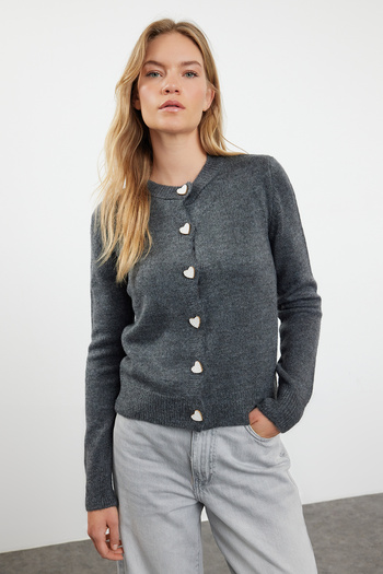 Trendyol Collection Soft Textured Anthracite Knitwear Cardigan - Jewel Buttoned, Jacket Look Twoaw22Hi0044