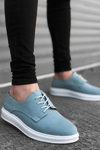 BOUIS Men's Turquoise Linen Lace-Up Casual Daily Shoes High Thick Sole Light Comfortable Sole Sneakers