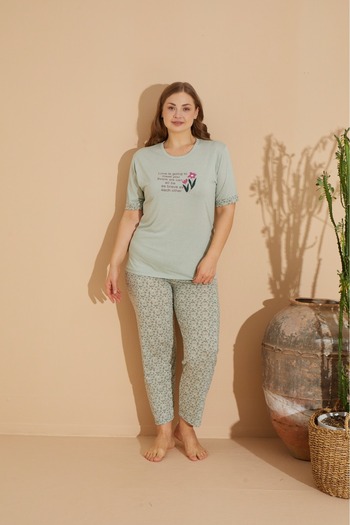 makkash Green Heart Printed Large Size Cotton Women's Pajama Set - Oversize Long