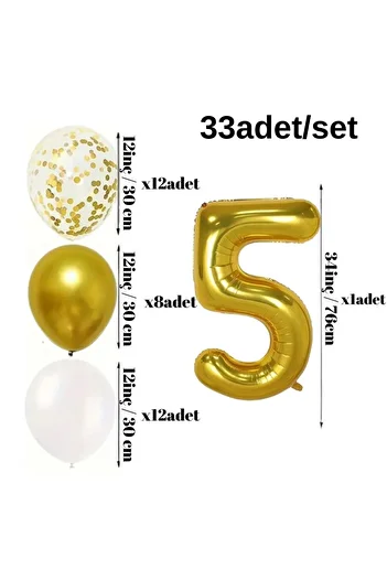 Konsept Sepeti 5 Year Old Gold Balloon Set - Chrome Gold, White Balloon, Happy Birthday Banner (WITH BALLON BAND GIFT)