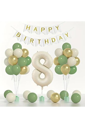 Konsept Sepeti 8 Years Old Mildew Green Retro Balloon Set - Chrome Gold, Sea Sand, Happy Birthday Banner (WITH BALLON BAND GIFT)