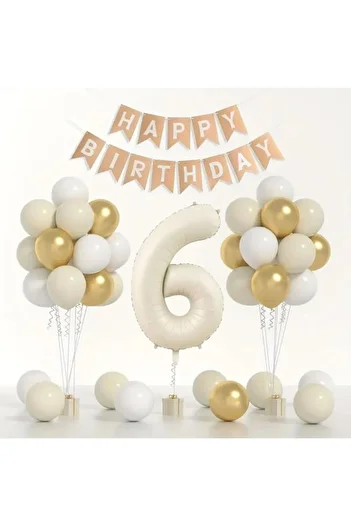 Konsept Sepeti 6 Years Old Retro Cream Balloon Set - Chrome Gold, Sea Sand White, Happy Birthday Banner