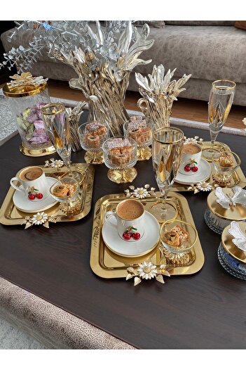 atabey home collection 6'lı Kahve & Çay & Sunum Tepsisi Çelik Gold Tepsi PAPATYA Model