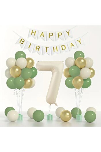 Konsept Sepeti 7 Years Old Retro Mildew Green Chrome Gold Sea Sand Happy Birthday Banner - Balloon Band Gift Set