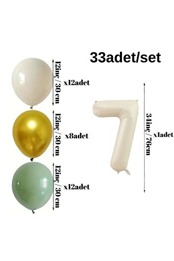 Konsept Sepeti 7 Years Old Retro Mildew Green Chrome Gold Sea Sand Happy Birthday Banner - Balloon Band Gift Set
