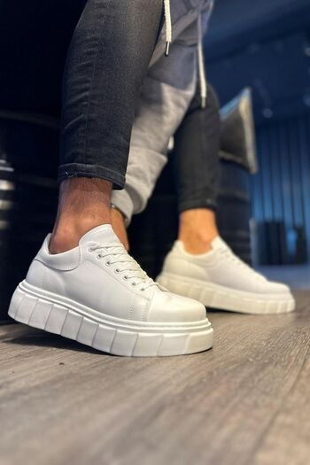 BOUIS Men's White Lace-Up Orthopedic Skin Leather Style Shoes Daily Sports Stylish High Sole Comfortable Sneakers
