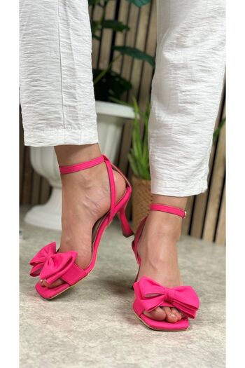 İmerShoes Fuchsia Daily Evening Dress - Thin Heel, Blunt Toe and Ankle Tied Serrated Sole 7065