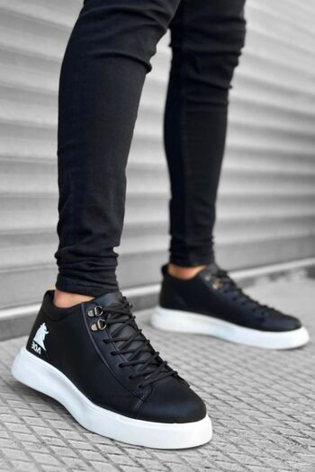 BOUIS Men's Casual Black White Faux Leather Sneaker Lace Up High Sole Comfortable Orthopedic Sports Shoes