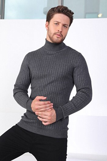 Ferraro Anthracite Turtleneck Ribbed Men's Cotton Sweater