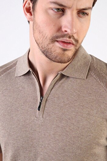 Ferraro Beige Zippered Polo Collar 100% Cotton Men's Knitwear T-shirt